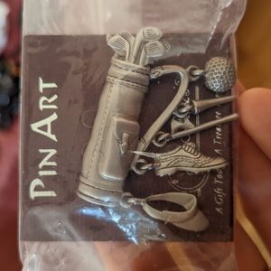 Vintage J.J. Jonette Brooch Pin Pewter Golf Clubs Dangle Charm New 2 1/4" L 2"W.